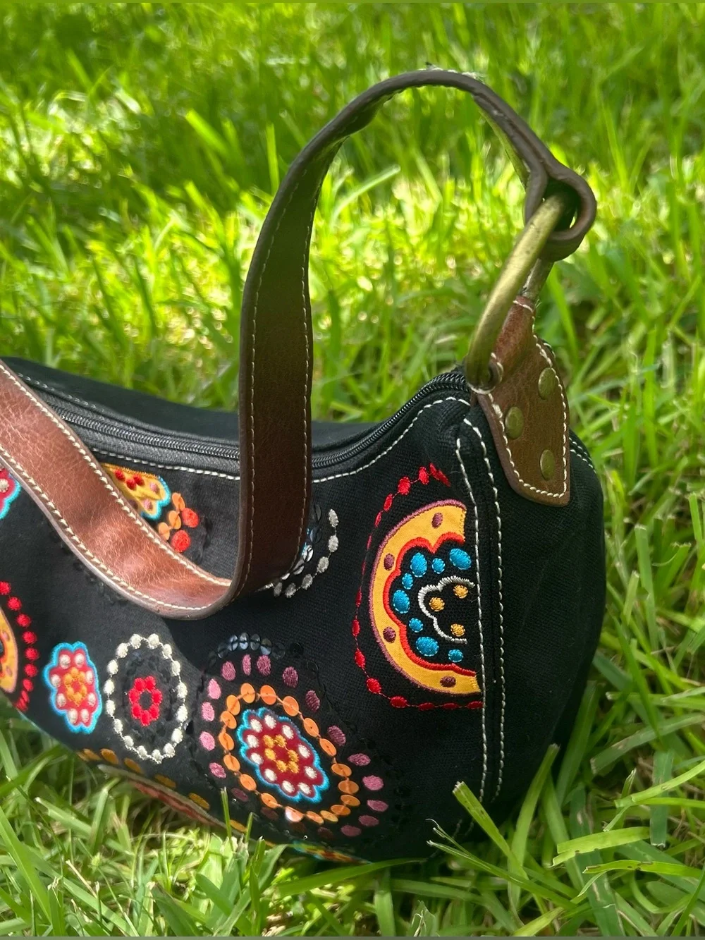 Relic Black Shoulder Bag with Multicolor Embroidered Medallions